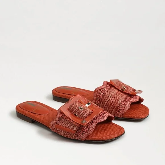 Sam Edelman Bambi Slide Buckle Detail Sandal Orange Raffia Size 7.5 - Picture 2 of 8